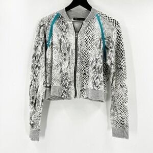 John Eshaya JET Snake Print Cropped Bomber Jacket Teal Trim Gray